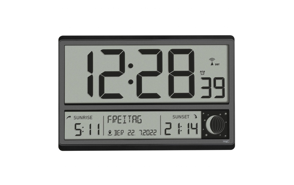 TFA Dostmann Horloge radio-pilotée avec indication du lever et du coucher du soleil XL Noir