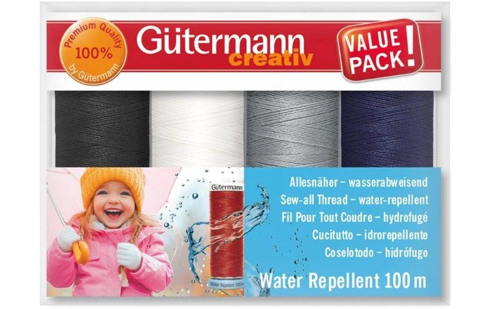 Gütermann Kits de fil de couture Water Repellent 4 pièces, Bleu/Gris/Noir/Blanc