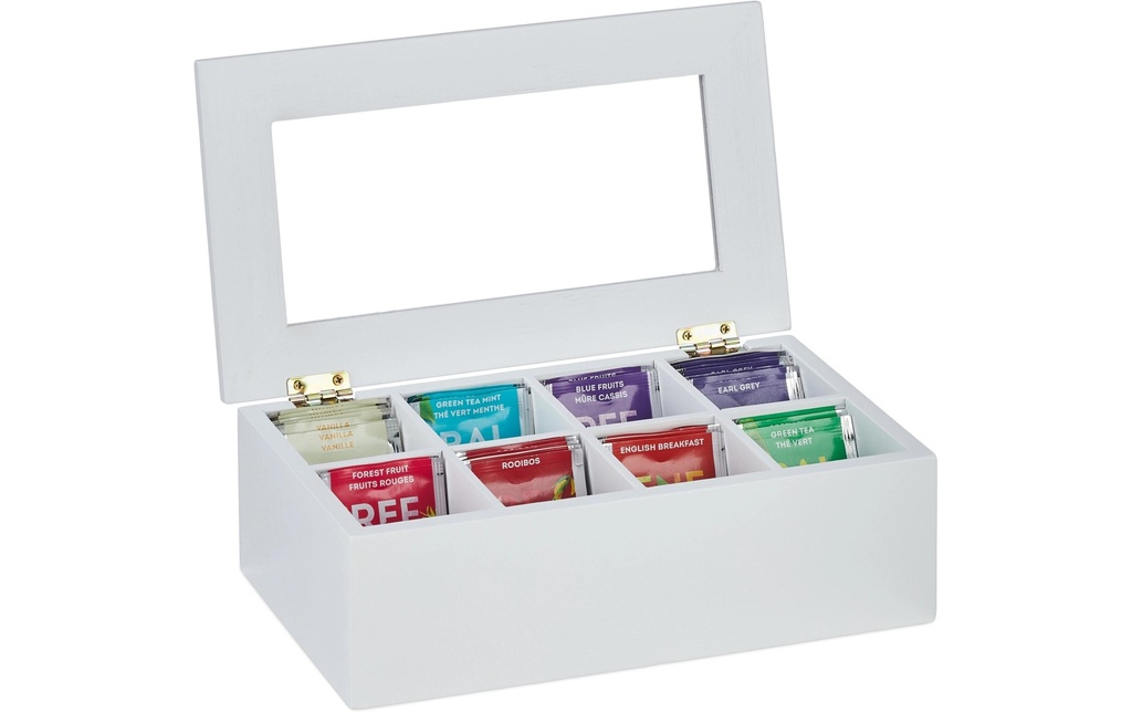 relaxdays Boîte à sachets de thé 8 compartiments, Transparent/Blanc