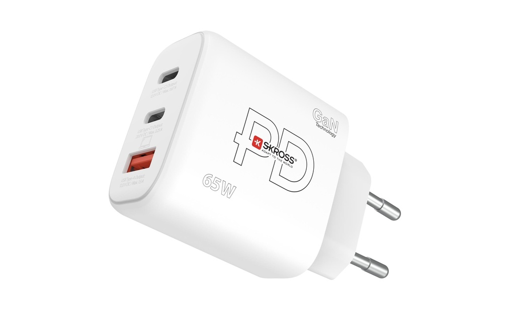 SKROSS Chargeur mural USB GaN EU, 2x USB-C, 1x USB-A, 65 W, blanc