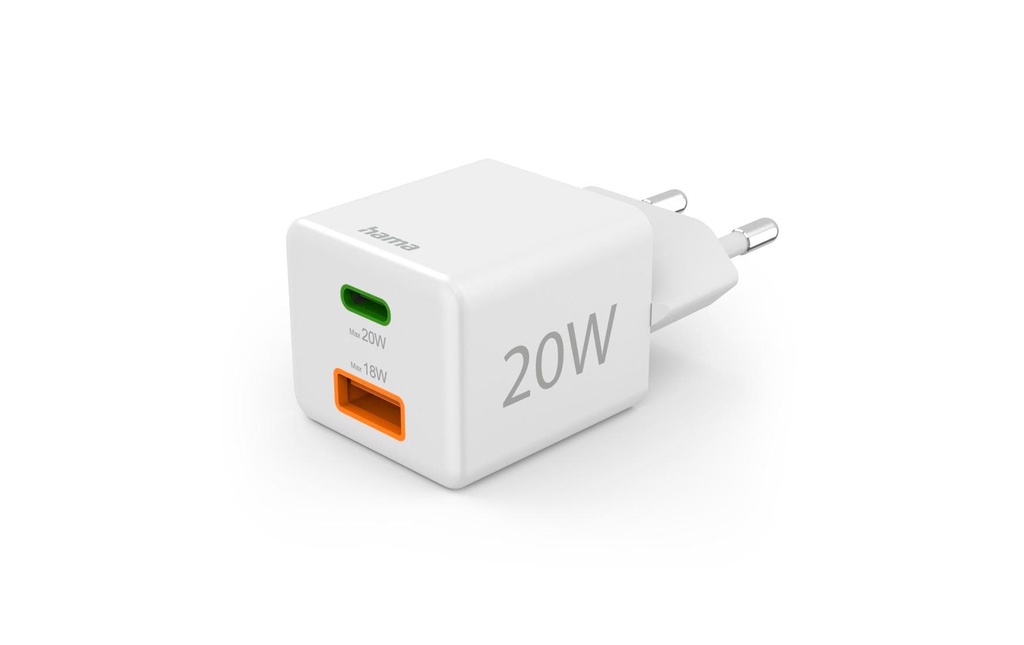 Hama Chargeur mural USB Gan charger USB-A USB-C 20 W Blanc