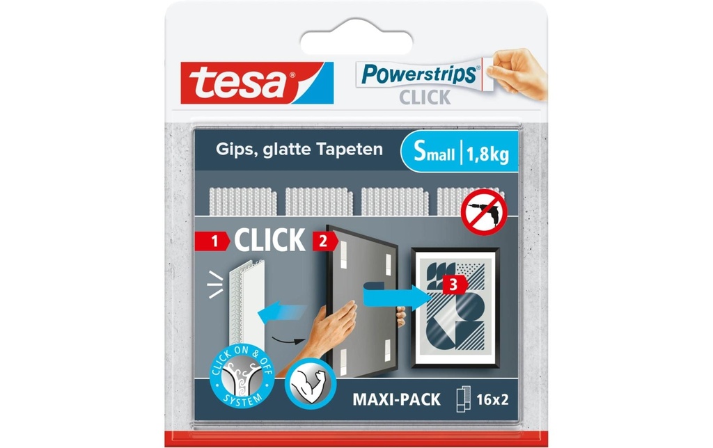 tesa Pastille adhésive Powerstrips CLICK Small - 16 x 2 Pièces 1.8 kg