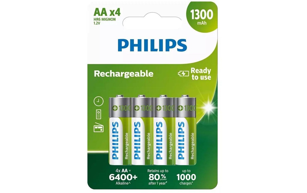 Philips Batterie Rechargeable NiMH AA 1300 mAh, 4 Pièce/s