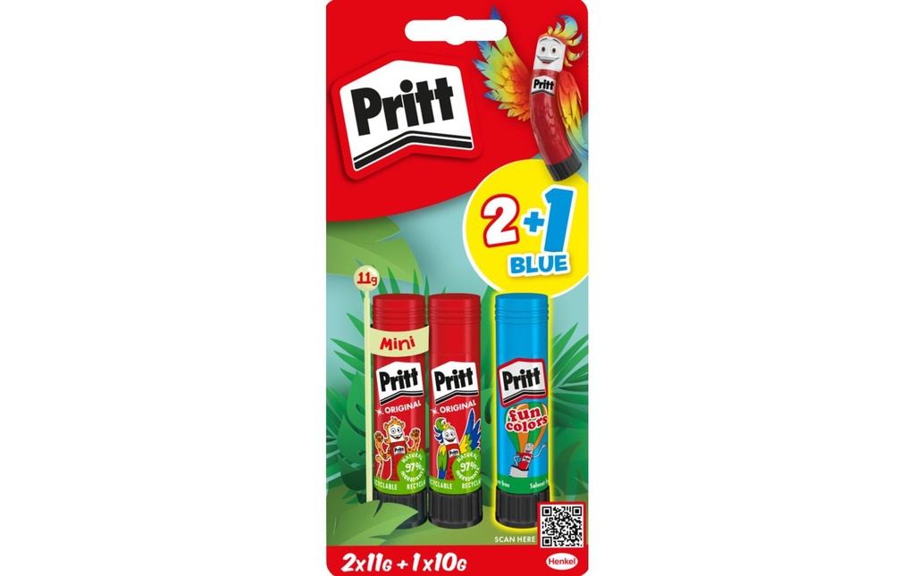 Pritt Bâton de colle 2x11g + 1x10g, Bleu, Rouge