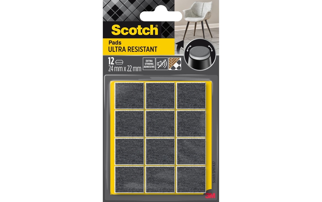 Scotch Patins en feutre Ultra Resistant, 24 mm x 22 mm, Gris, paquet de 12