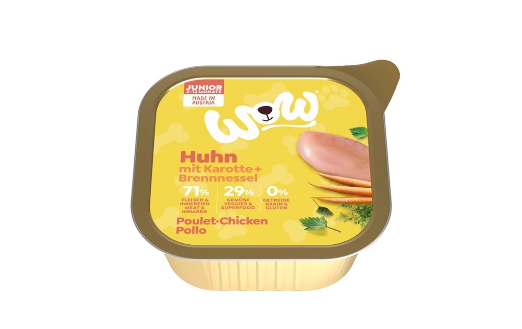 WOW Alimentation humide Junior poulet barquette 150g