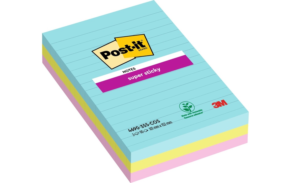 Post-it Fiche de bloc-notes Post-it Super Sticky 10.1 cm x 15.2 cm, 3 blocs