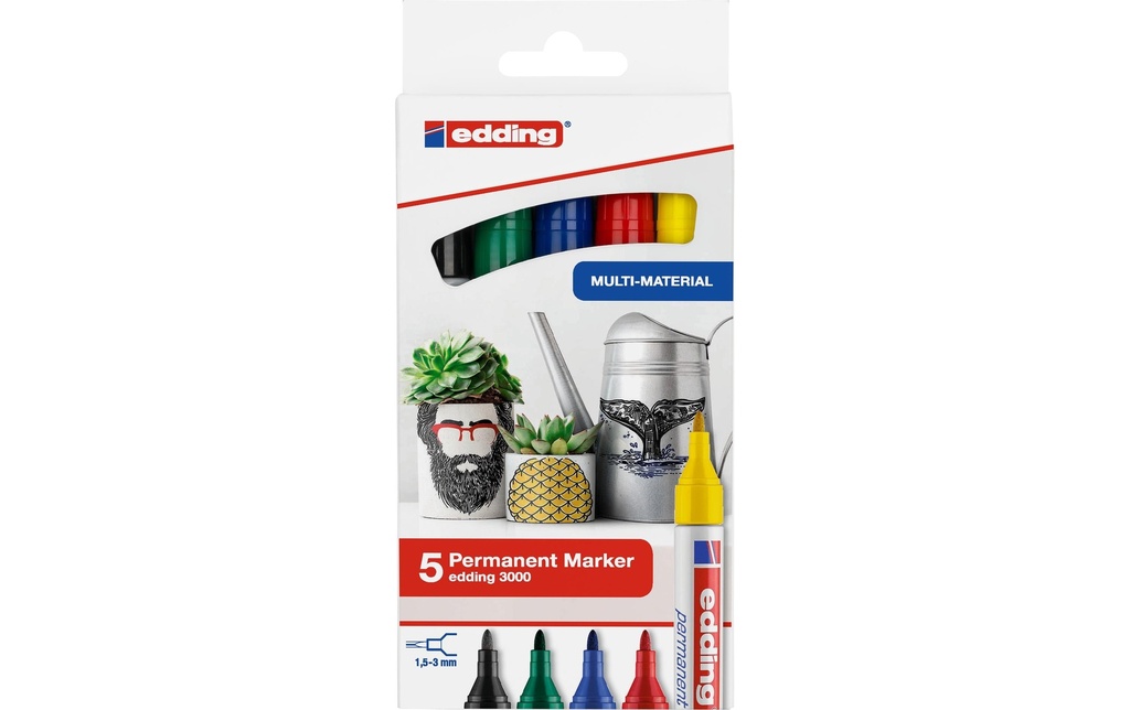 edding Marqueur indélébile 3000 5 pièces, vert/jaune/bleu/rouge