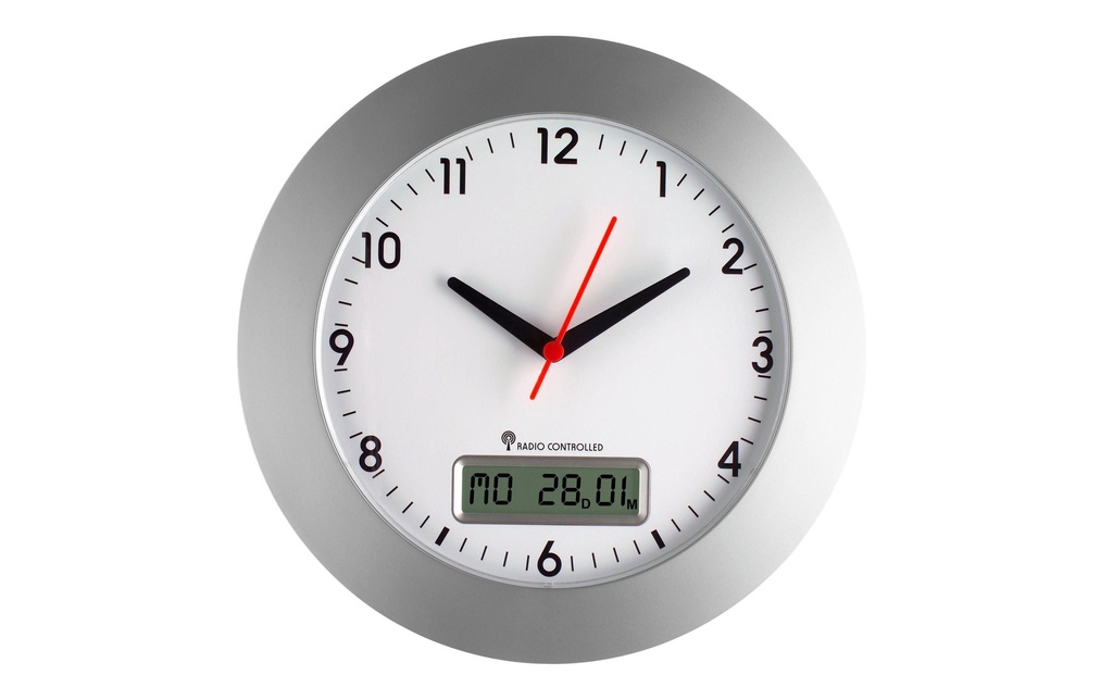 TFA Dostmann Horloge murale radio Ø 30 cm, Argenté