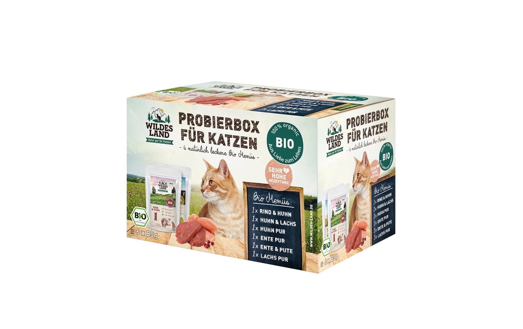 Wildes Land Alimentation humide Coffret d'essai Adult BIO, 6 x 85 g