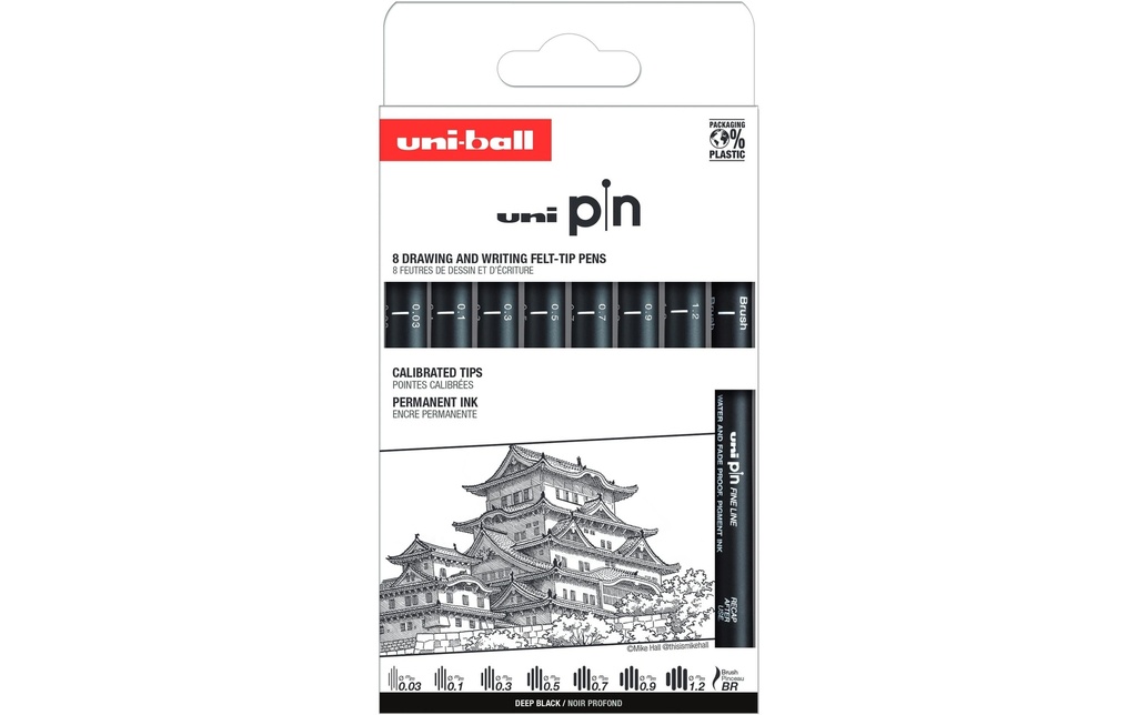 Uni Fineliner Classic Himeji, Noir, 8 pièces