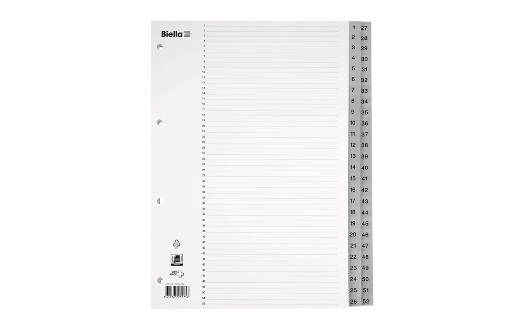 Biella Registre A4 1-52 avec feuille d'index