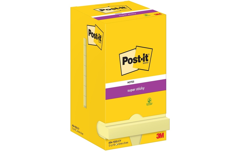 Post-it Fiche de bloc-notes Super Sticky 76 x 76 mm, Jaune, 12 blocs