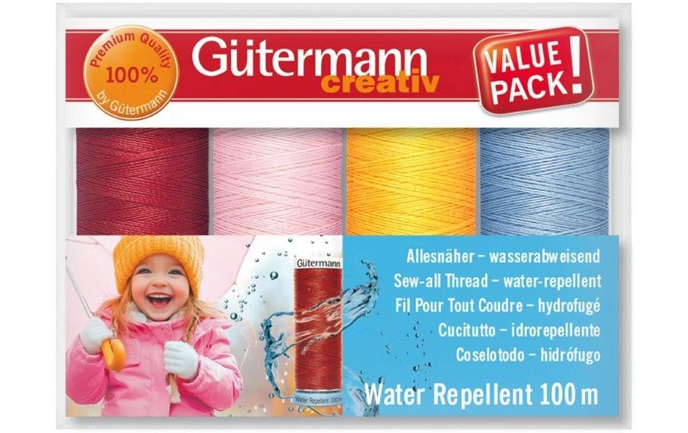 Gütermann Kits de fil de couture Water Repellent 4 pièces, Bleu/Jaune/Rose/Rouge
