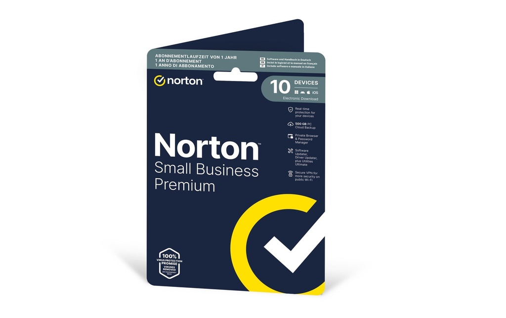 Norton Small Business Premium 2.0 ESD, 10 Devices, 1 an, 500GB de mémoire cloud