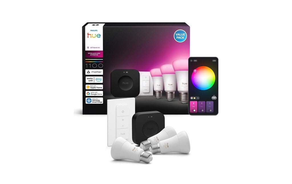 Philips Hue 3 ampoules E27 intelligentes + interrupteur à variateur + pont Hue Pro