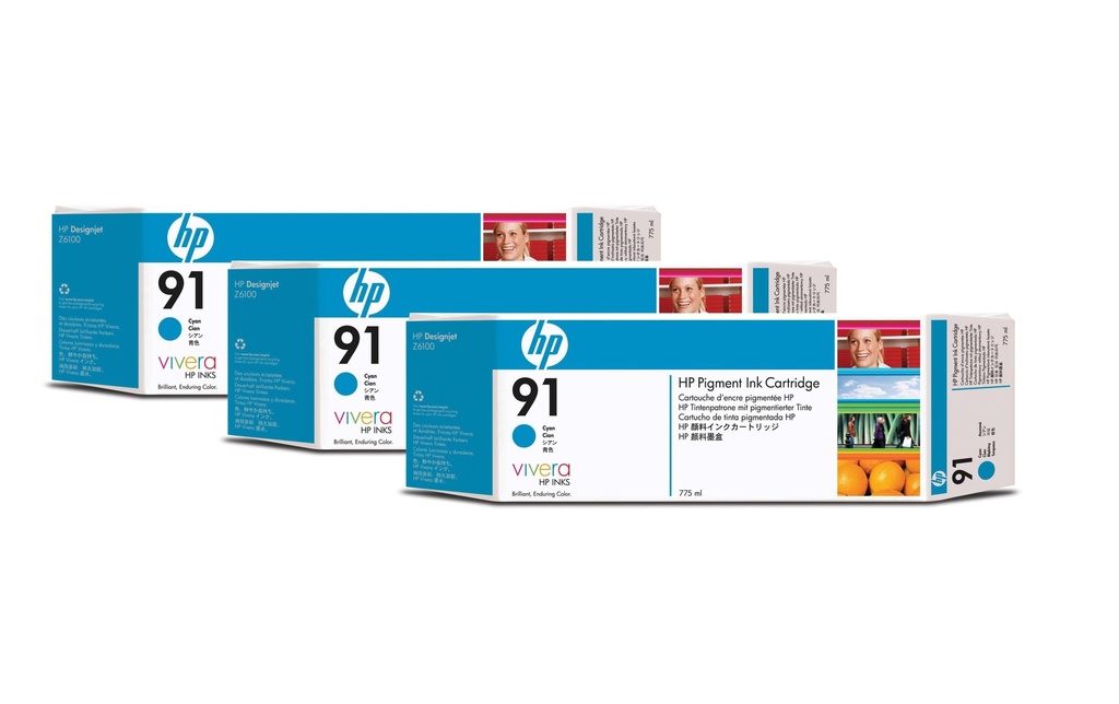 HP Encre Nr. 91 (C9483A) Cyan (paquet de 3)