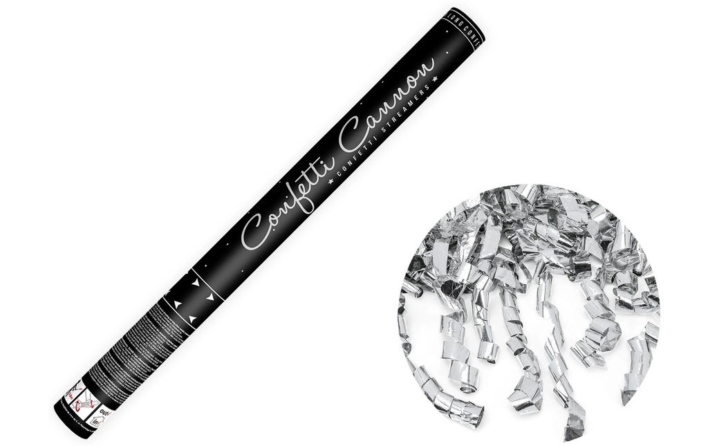 Partydeco Canon à confettis serpents argent, 60 cm