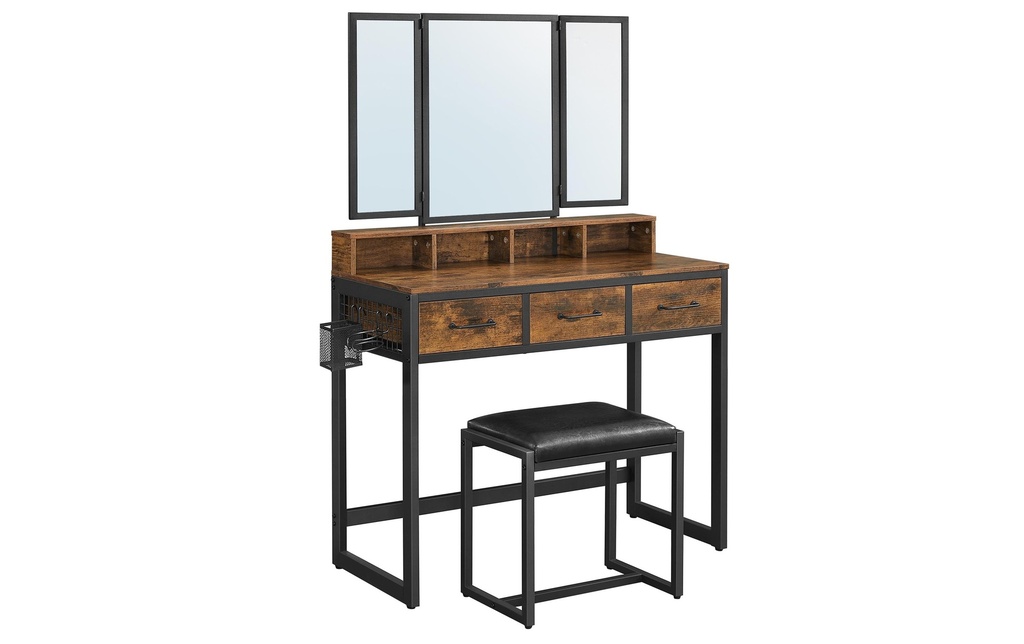 VASAGLE Coiffeuse avec tabouret 90 x 141 cm, Noir/Brun