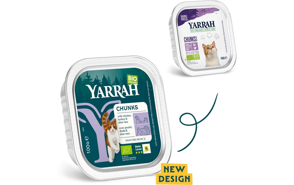 Yarrah Alimentation humide bio Chunks bio au poulet &amp; à la dinde 16x 100 g