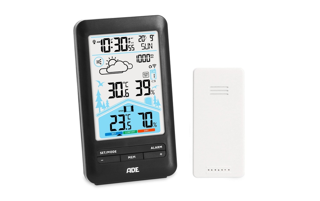 ADE Station météo avec capteur extérieur sans fil avec horloge radio DCF