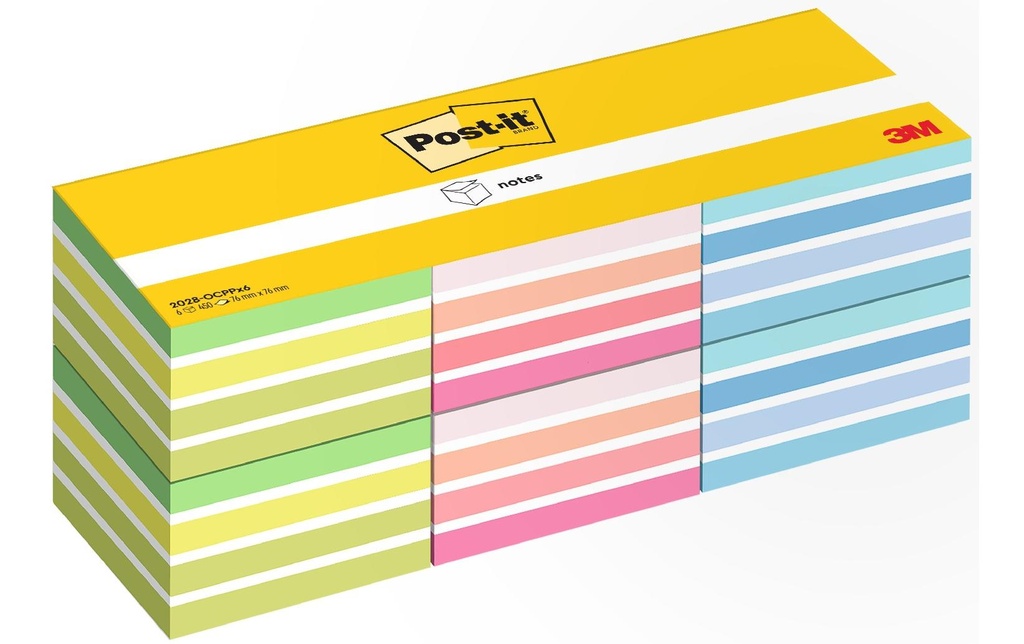 Post-it Fiche de bloc-notes 3M, 76 x 76 mm, 6 blocs, différentes couleurs