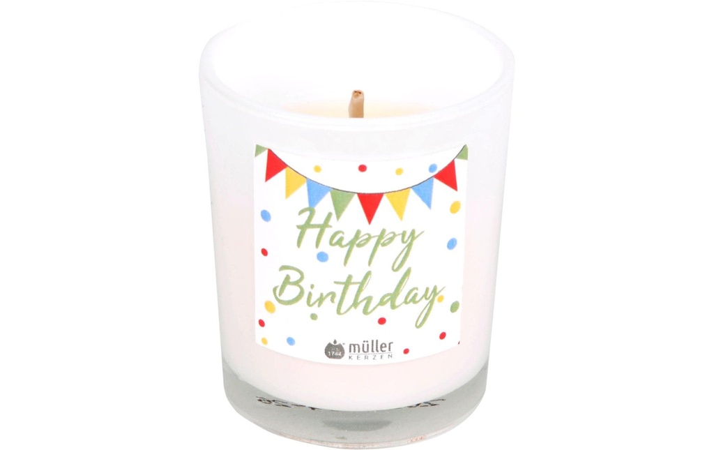 müller Kerzen Bougie en verre «Happy Birthday» 6,5 x 5,5 cm, Blanc