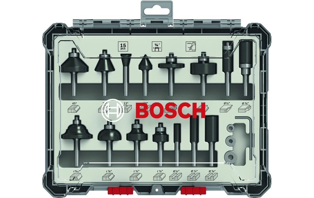 Bosch Professional Kits de fraise Tige de 1/4, 15 pièces