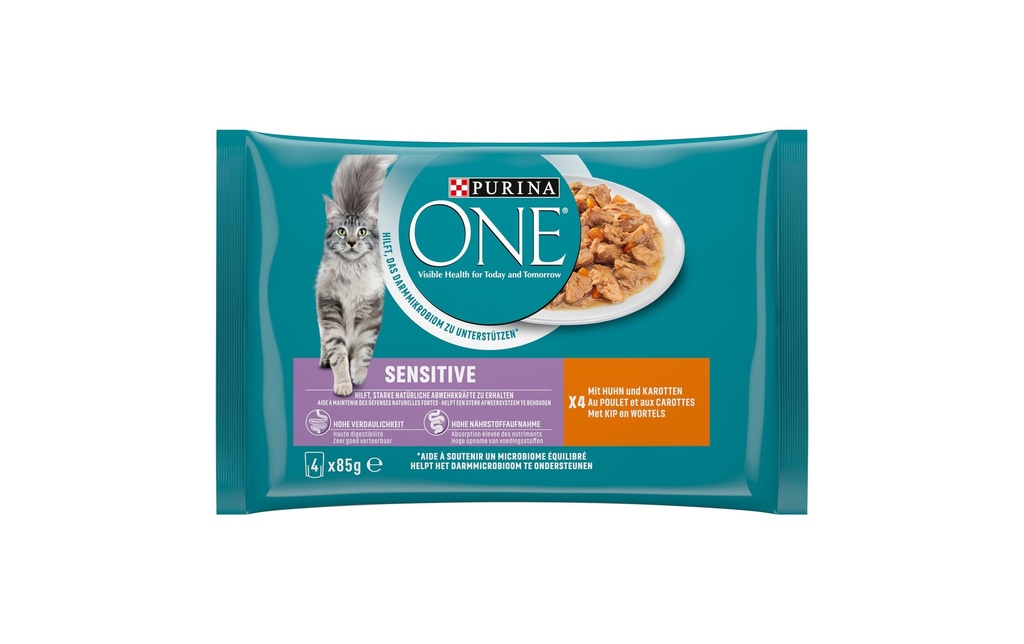 Purina ONE Alimentation humide SENSITIVE en sauce poulet/carottes, 4 x 85g
