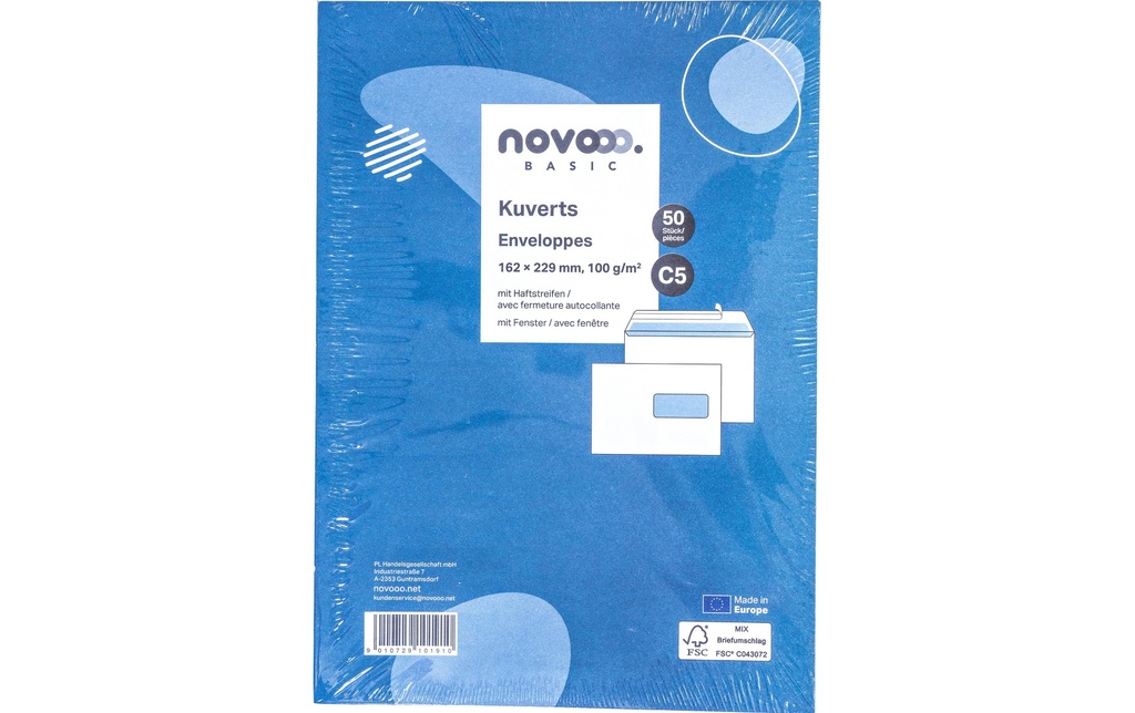 novooo. Enveloppe m/fenêtre droite C5 Blanc, 50 pièces