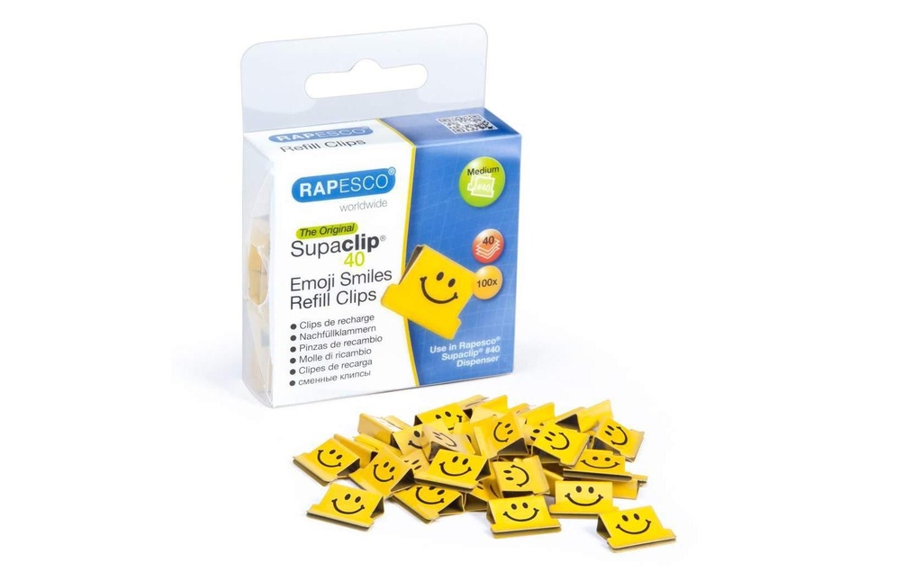 Rapesco Pince à papier Supaclip 40 Clips de recharge Emojis, jaune