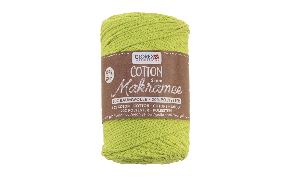 Glorex Laine Macramee Cotton 225m x 2 mm, 250g, jaune fluo