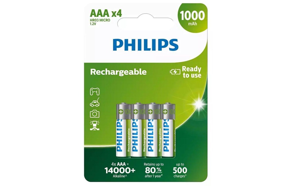 Philips Batterie Rechargeable NiMH AAA 1000 mAh, 4 Pièce/s