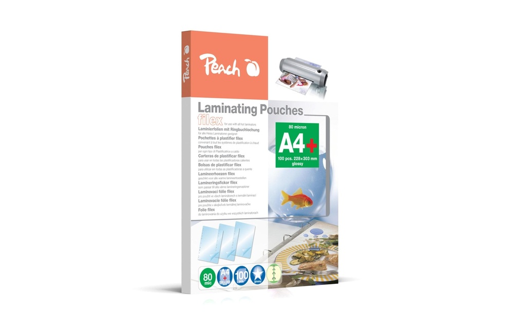 Peach Film laminé A4, 80 µm, 100 pièces, brillant Perforation de classement