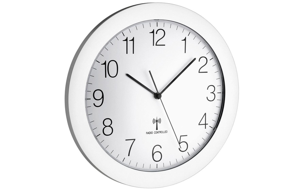 TFA Dostmann Horloge murale radio 30,2 cm, Argenté/Blanc
