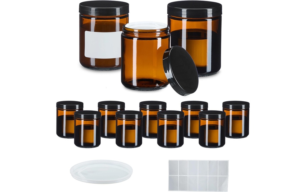 relaxdays Pot à pommade en verre brun 240 ml, 12 pièces
