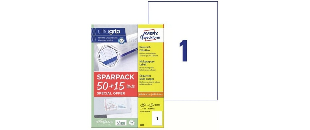 [268066030] AVERY ZWECKFORM Etiquettes 210x297mm,50+15flls (65 pces)