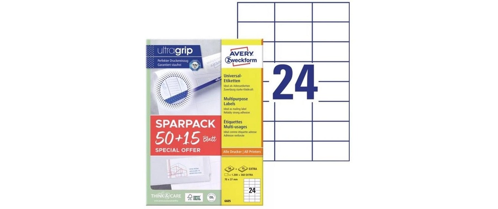 AVERY ZWECKFORM Etiquettes 70x37mm, 50+15flls (65 pces)