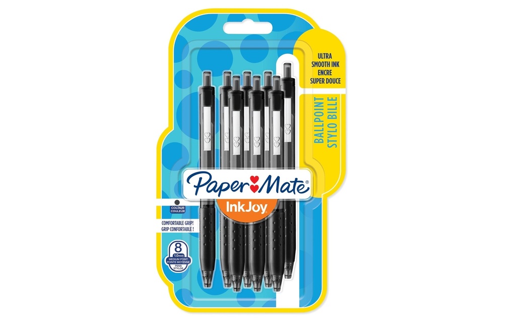 Paper Mate Stylo bille Inkjoy 300 RT 1 mm, Noir, 8 pièces