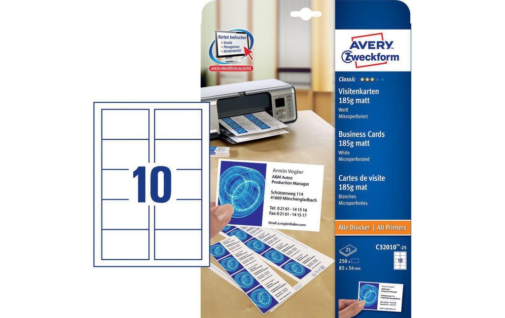 AVERY ZWECKFORM Carte visite 85x54mm (25 pces)