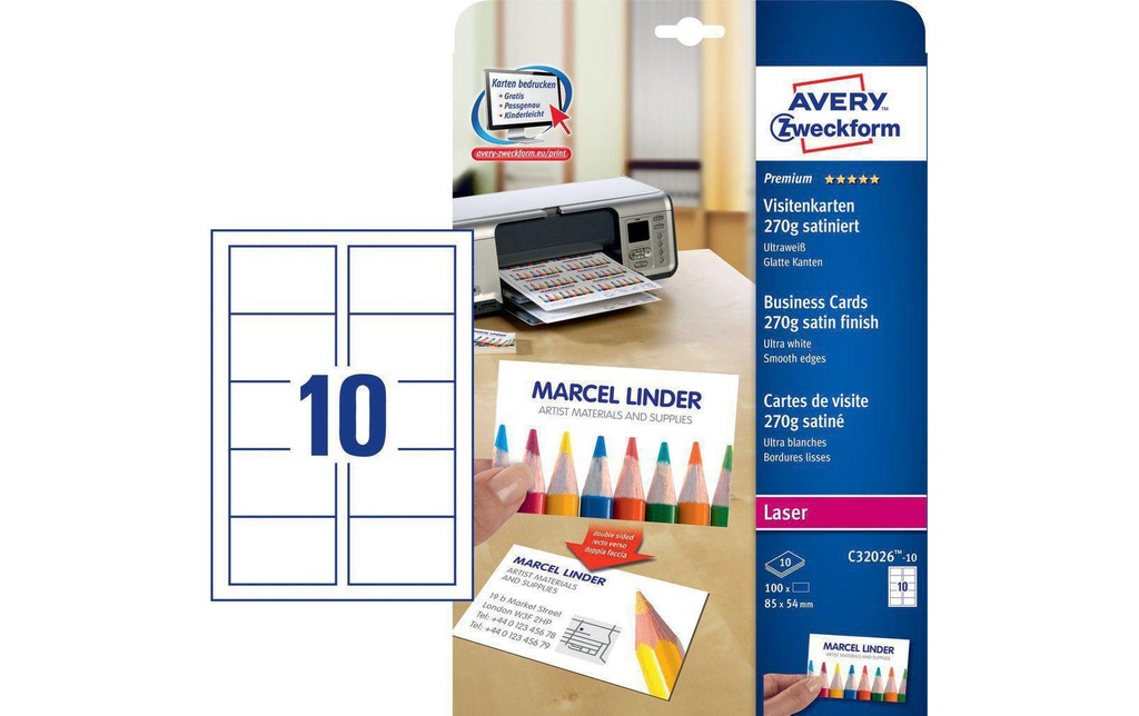 AVERY ZWECKFORM Carte visite laser coul. 270g (10 pces)