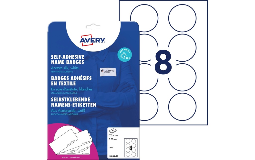 AVERY ZWECKFORM Etiqu.noms 65mm ronde blanche (20 pces)