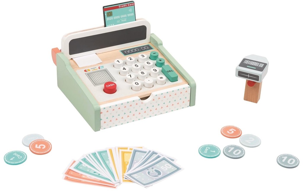 Spielba Holzspielwaren Argent de jeu Caisse avec scanner + calculatrice en bois