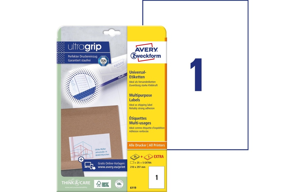 [268611900] AVERY ZWECKFORM Etiquettes 210x297mm (25 pces)
