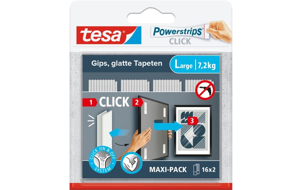 tesa Pastille adhésive Powerstrips CLICK Large - 16 x 2 Pièces, 7.2 kg