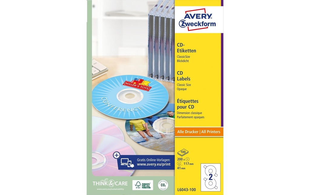 Avery Zweckform Étiquettes pour CD L6043-100 Ø 117 mm