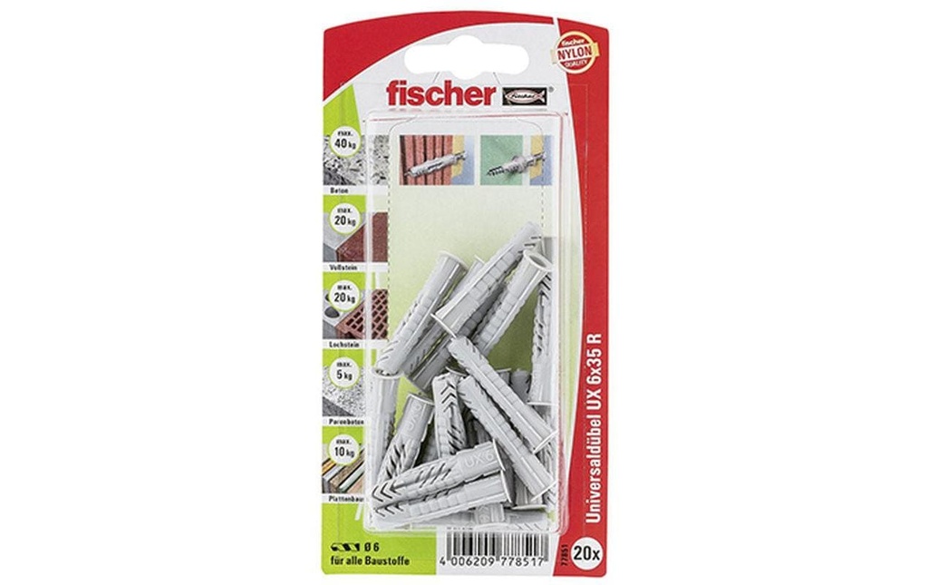 Fischer Cheville universelle  UX 6 x 35 R avec bord, 20 pièces