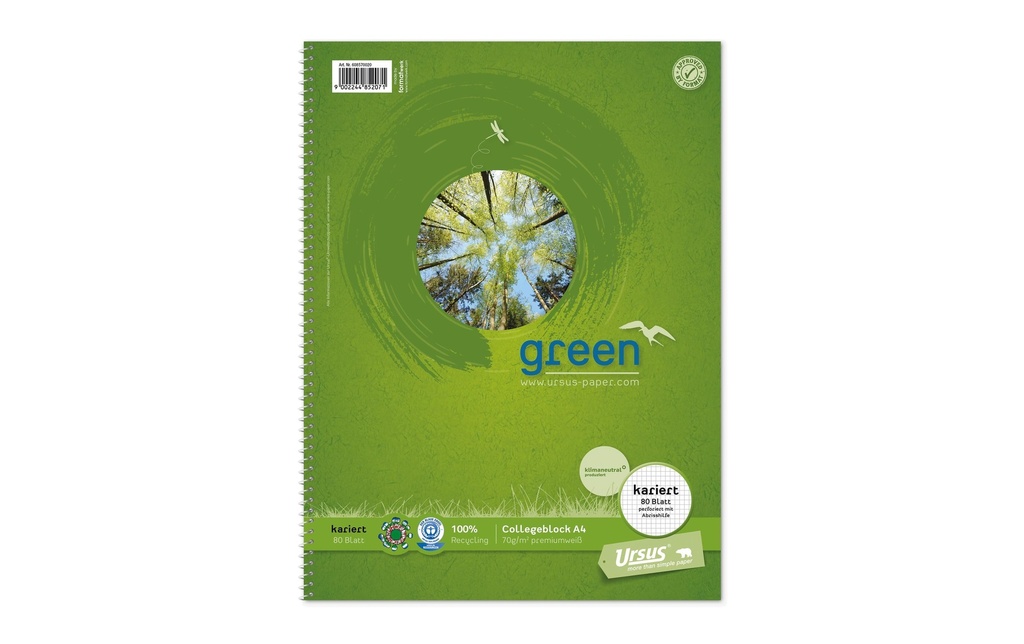 Ursusgreen Carnet de notes Green Collegeblock A4, quadrillé, 80 feuilles