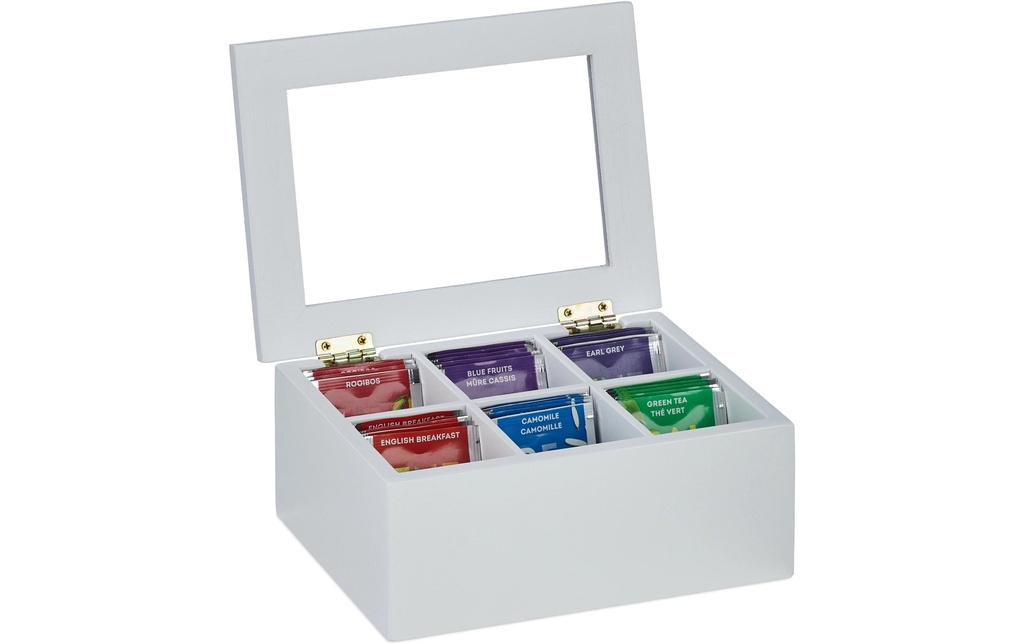 relaxdays Boîte à sachets de thé 6 compartiments, Transparent/Blanc