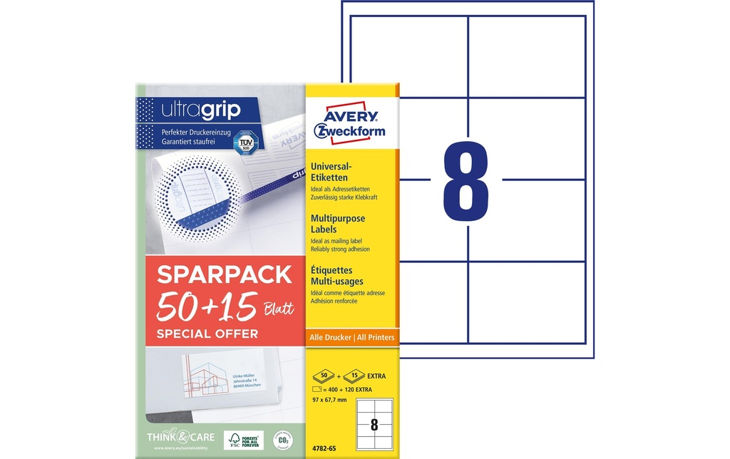 Avery Zweckform Étiquettes universelles 4782-65, 97 x 67.7 mm, 65 feuille